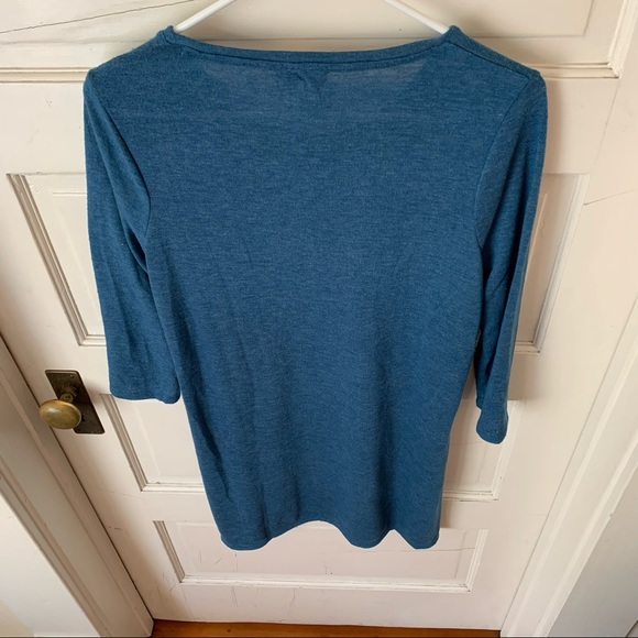 Chico Teal Blue Tunic Slits at Hips 3/4 Sleeve High Neck Long Light Sweater - Picture 5 of 11